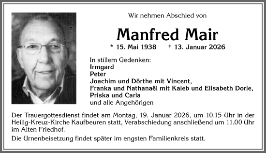 Traueranzeige von Manfred Mair von Allgäuer Zeitung, Kaufbeuren/Buchloe