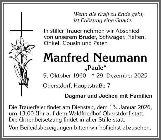 Traueranzeige von Manfred Neumann von Allgäuer Anzeigeblatt