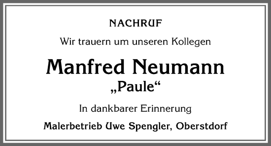 Traueranzeige von Manfred Neumann von Allgäuer Anzeigeblatt