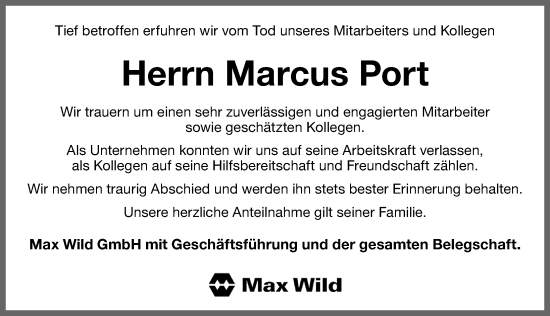 Traueranzeige von Marcus Port von Memminger Zeitung