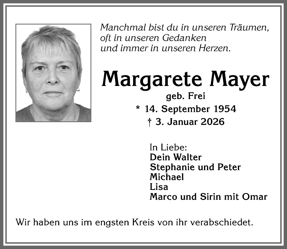  Traueranzeige für Margarete Mayer vom 10.01.2026 aus Allgäuer Zeitung, Marktoberdorf