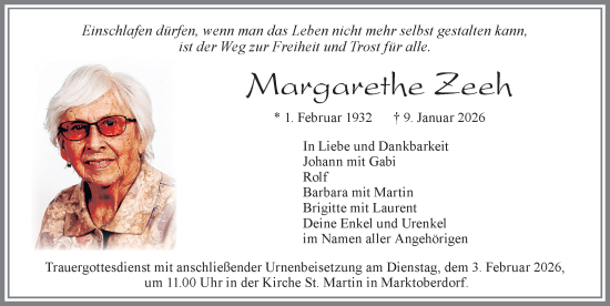 Traueranzeige von Margarethe Zeeh von Allgäuer Zeitung, Marktoberdorf