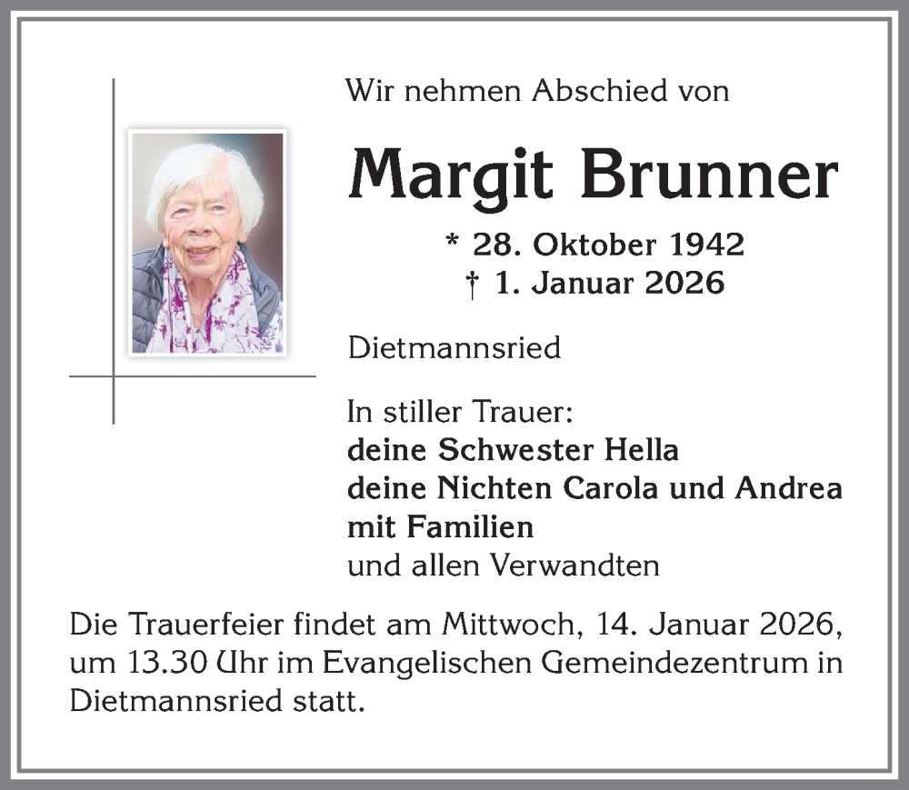  Traueranzeige für Margit Brunner vom 10.01.2026 aus Allgäuer Zeitung,Kempten