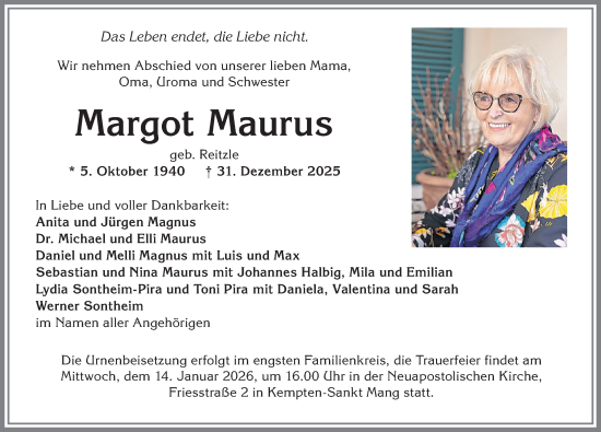 Traueranzeige von Margot Maurus von Allgäuer Zeitung,Kempten
