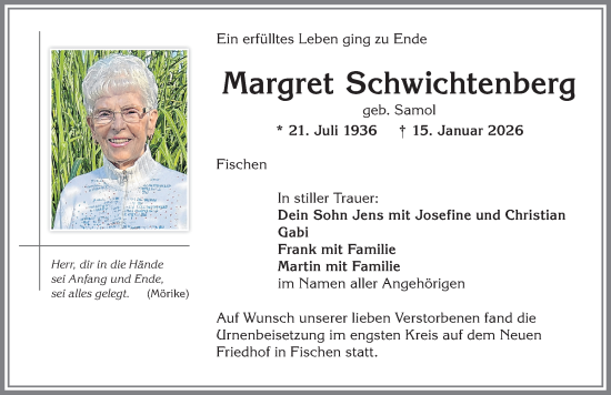 Traueranzeige von Margret Schwichtenberg von Allgäuer Anzeigeblatt