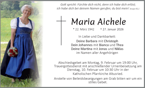 Traueranzeige von Maria Aichele von Allgäuer Zeitung,Kempten