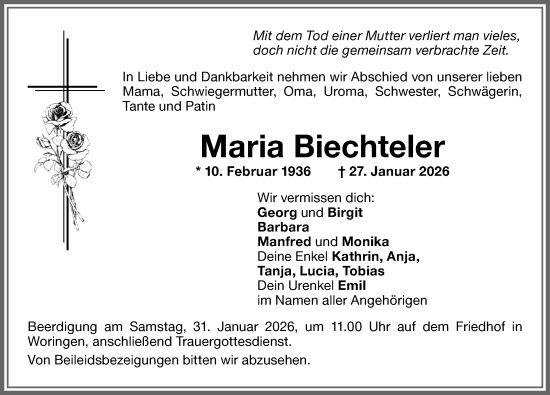 Traueranzeige von Maria Biechteler von Memminger Zeitung