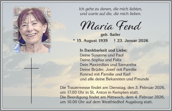 Traueranzeige von Maria Fend von Augsburger Allgemeine
