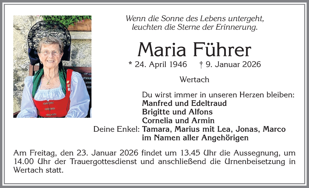  Traueranzeige für Maria Führer vom 17.01.2026 aus Allgäuer Anzeigeblatt