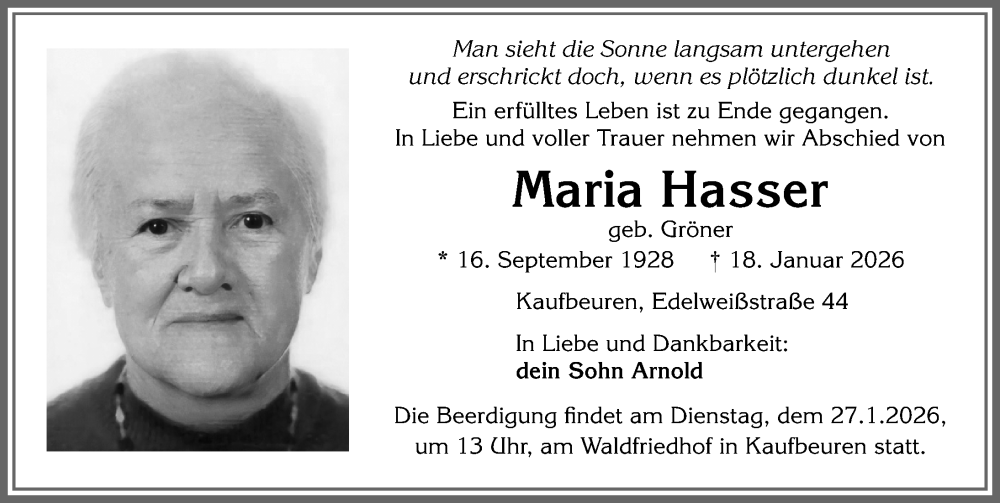  Traueranzeige für Maria Hasser vom 24.01.2026 aus Allgäuer Zeitung, Kaufbeuren/Buchloe