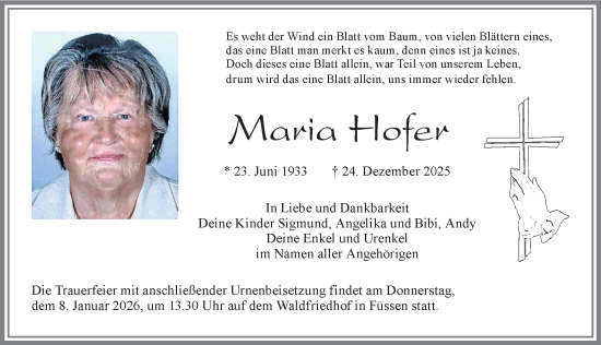 Traueranzeige von Maria Hofer von Allgäuer Zeitung, Füssen