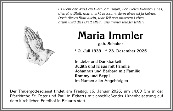 Traueranzeige von Maria Immler von Allgäuer Anzeigeblatt
