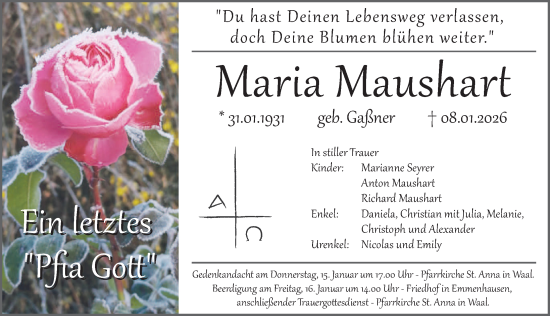 Traueranzeige von Maria Maushart von Allgäuer Zeitung, Kaufbeuren/Buchloe