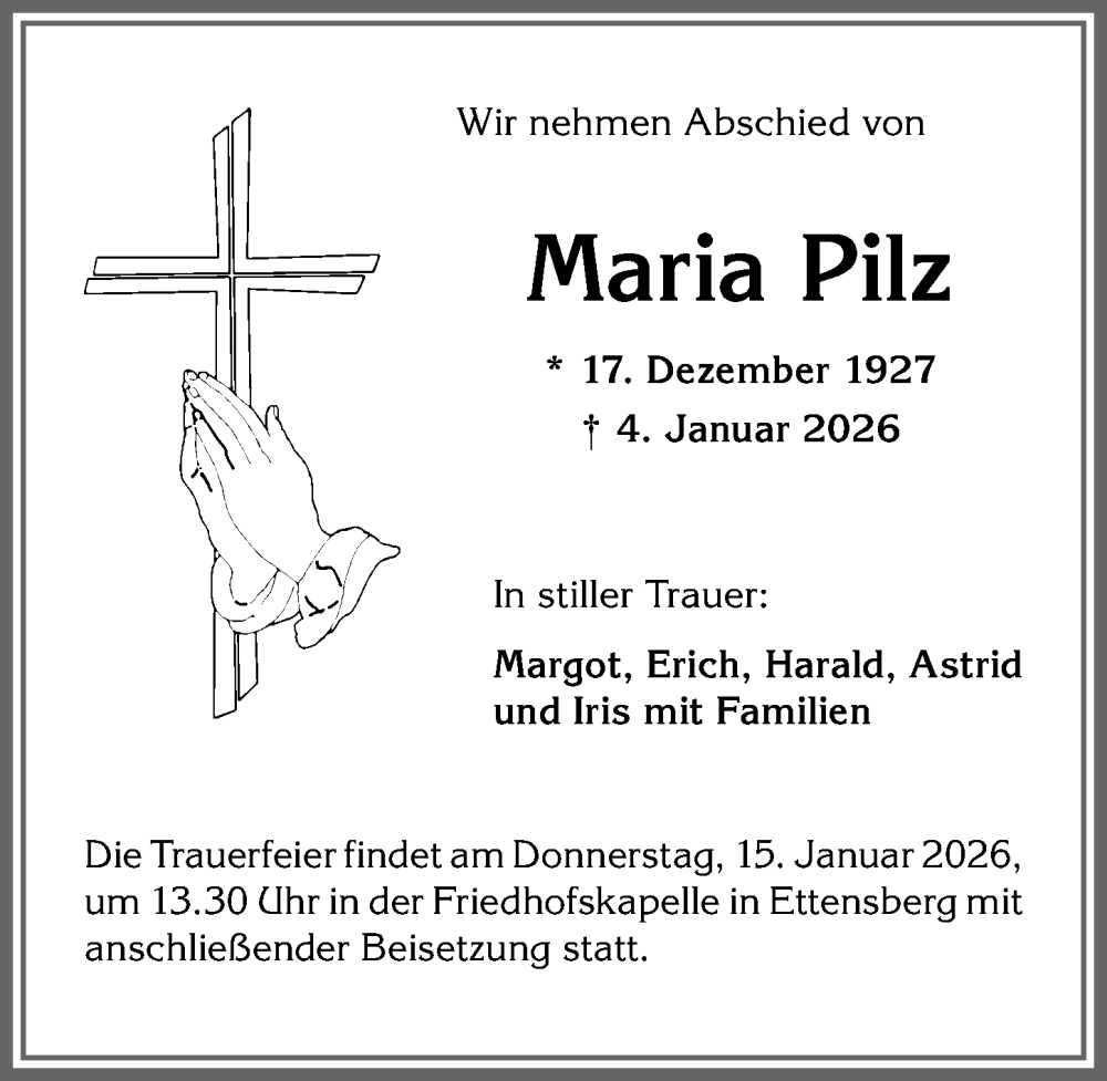  Traueranzeige für Maria Pilz vom 10.01.2026 aus Allgäuer Anzeigeblatt