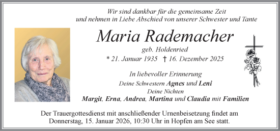 Traueranzeige von Maria Rademacher von Allgäuer Zeitung, Füssen