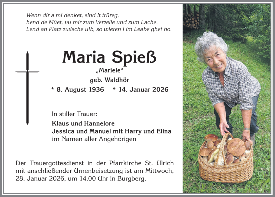 Traueranzeige von Maria Spieß von Allgäuer Anzeigeblatt