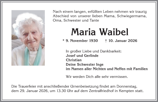 Traueranzeige von Maria Waibel von Allgäuer Zeitung,Kempten