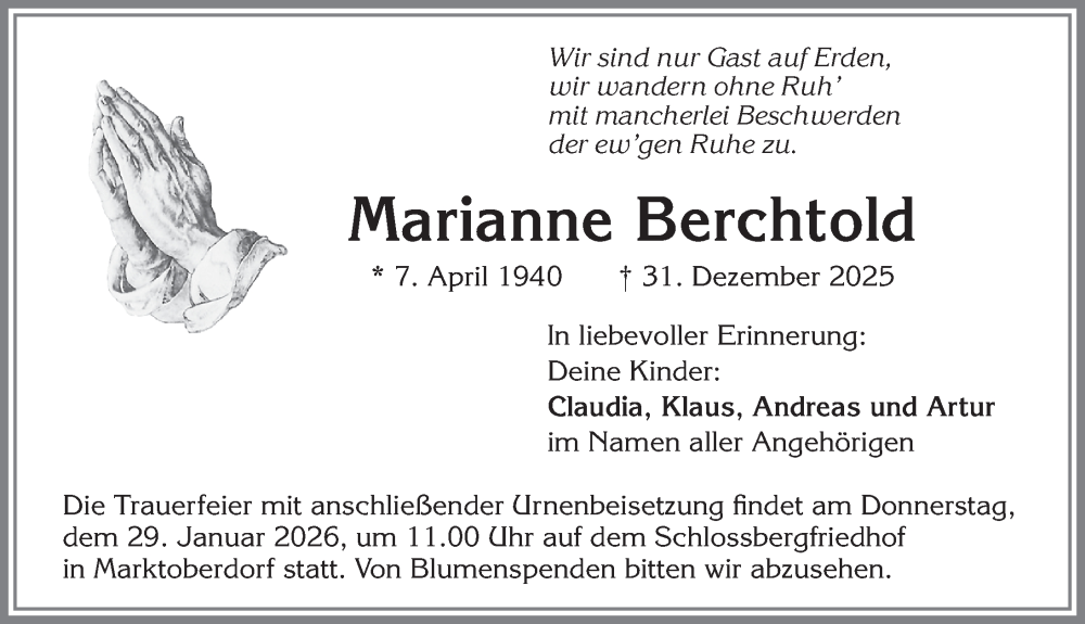  Traueranzeige für Marianne Berchtold vom 24.01.2026 aus Allgäuer Zeitung, Marktoberdorf