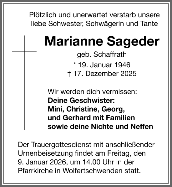 Traueranzeige von Marianne Sageder von Memminger Zeitung