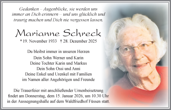 Traueranzeige von Marianne Schreck von Allgäuer Zeitung, Füssen