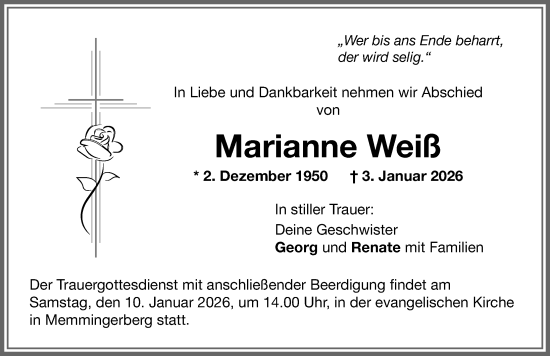 Traueranzeige von Marianne Weiß von Memminger Zeitung