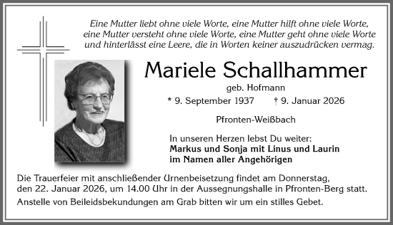 Traueranzeige von Mariele Schallhammer von Allgäuer Zeitung, Füssen