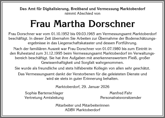 Traueranzeige von Martha Dorschner von Allgäuer Zeitung, Marktoberdorf
