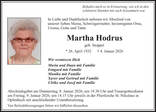 Traueranzeige von Martha Hodrus von Der Westallgäuer