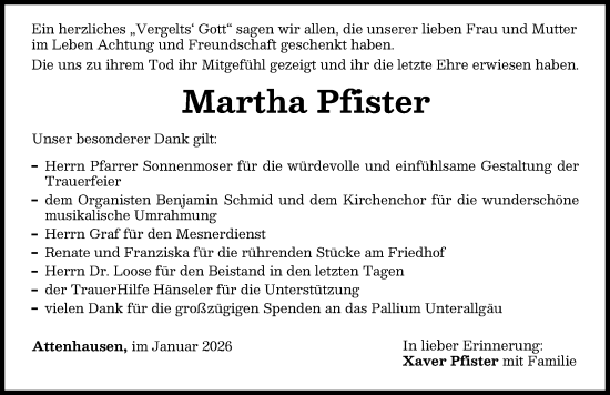Traueranzeige von Martha Pfister von Memminger Zeitung