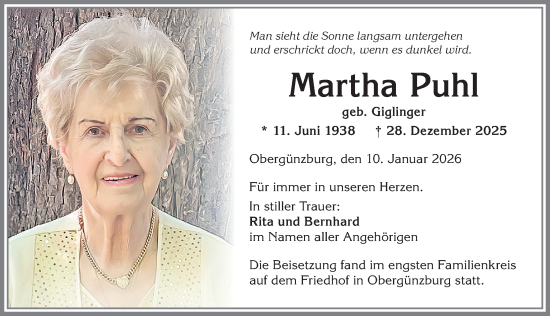 Traueranzeige von Martha Puhl von Allgäuer Zeitung, Marktoberdorf