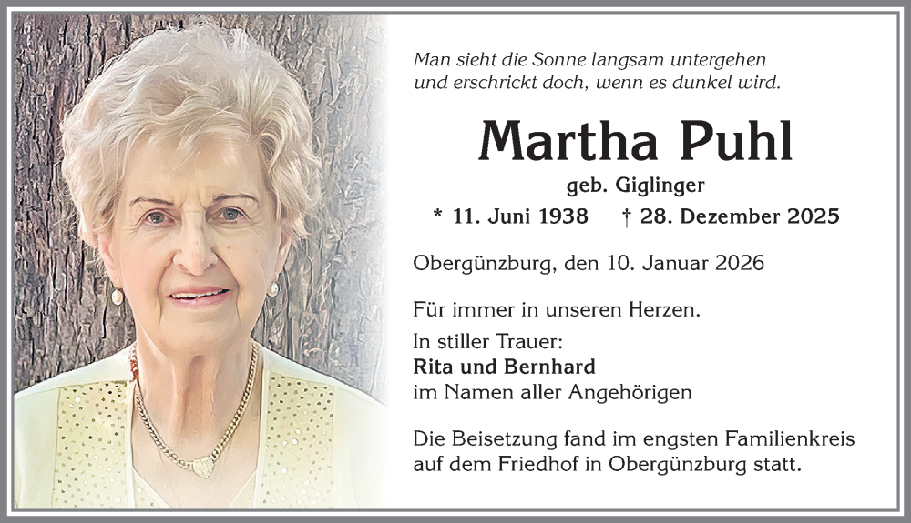  Traueranzeige für Martha Puhl vom 10.01.2026 aus Allgäuer Zeitung, Marktoberdorf