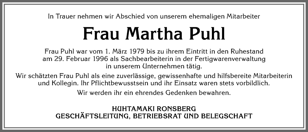  Traueranzeige für Martha Puhl vom 13.01.2026 aus Allgäuer Zeitung, Marktoberdorf