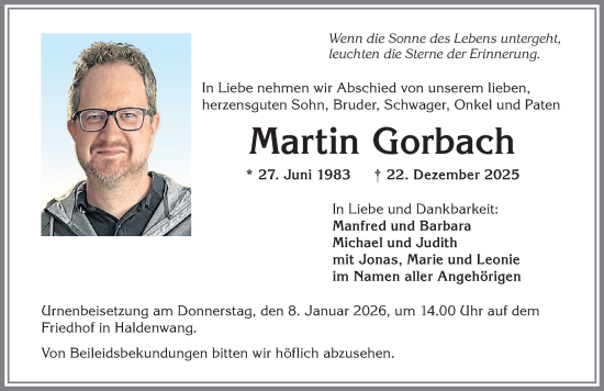 Traueranzeige von Martin Gorbach von Allgäuer Zeitung,Kempten