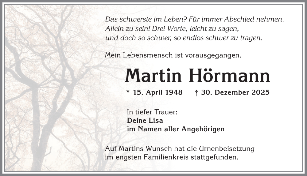  Traueranzeige für Martin Hörmann vom 24.01.2026 aus Allgäuer Zeitung, Kaufbeuren/Buchloe