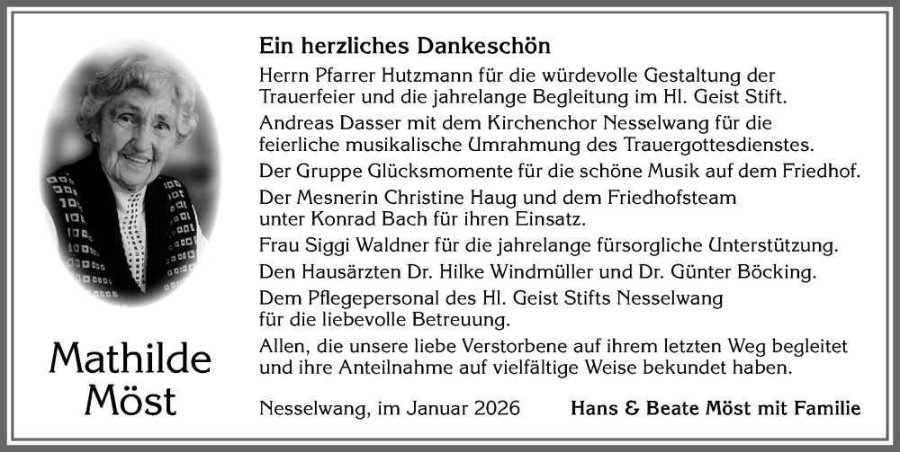  Traueranzeige für Mathilde Möst vom 17.01.2026 aus Allgäuer Zeitung, Füssen