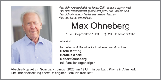 Traueranzeige von Max Ohneberg von Allgäuer Zeitung,Kempten