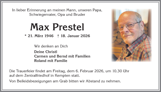 Traueranzeige von Max Prestel von Allgäuer Zeitung,Kempten