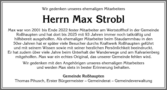 Traueranzeige von Max Strobl von Allgäuer Zeitung, Füssen