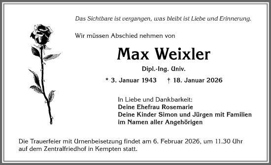 Traueranzeige von Max Weixler von Allgäuer Zeitung,Kempten