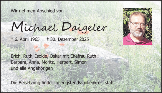 Traueranzeige von Michael Daigeler von Allgäuer Zeitung, Kaufbeuren/Buchloe