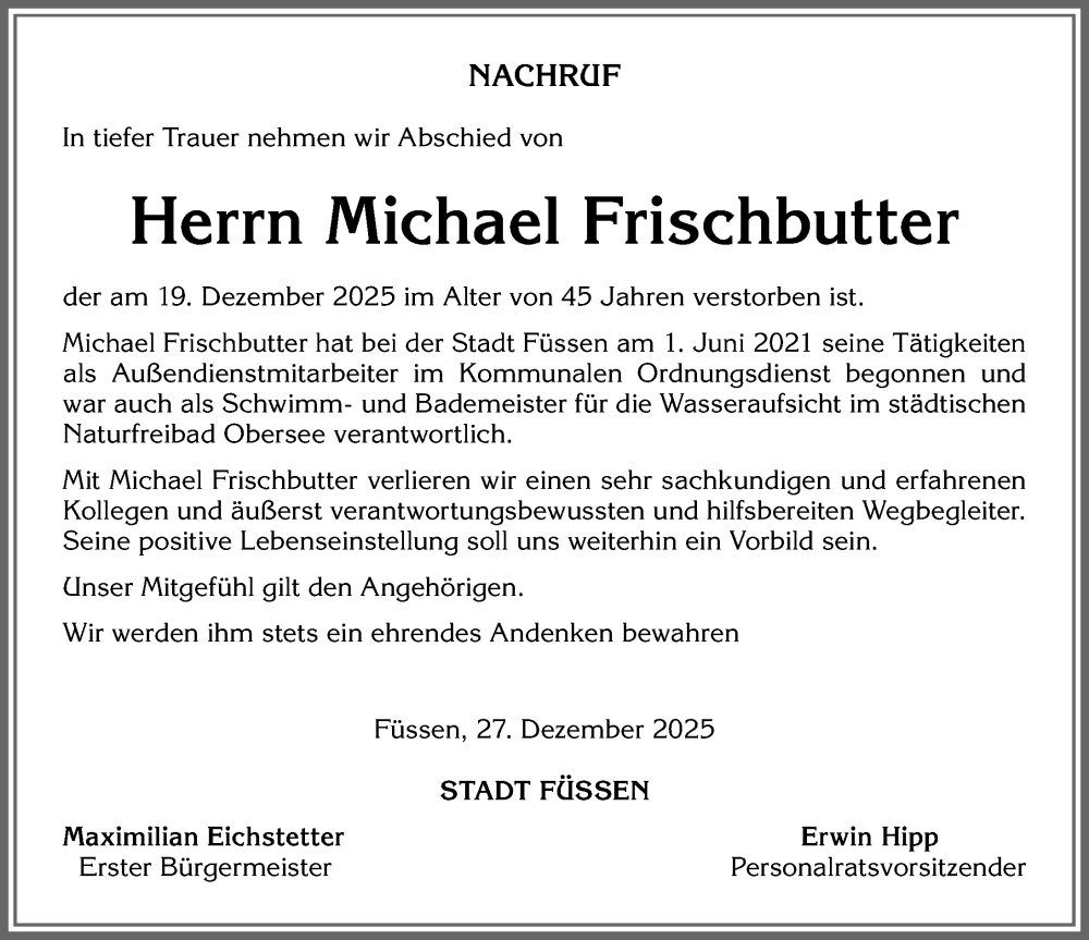  Traueranzeige für Michael Frischbutter vom 10.01.2026 aus Allgäuer Zeitung, Füssen