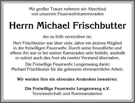 Traueranzeige von Michael Frischbutter von Allgäuer Zeitung, Marktoberdorf
