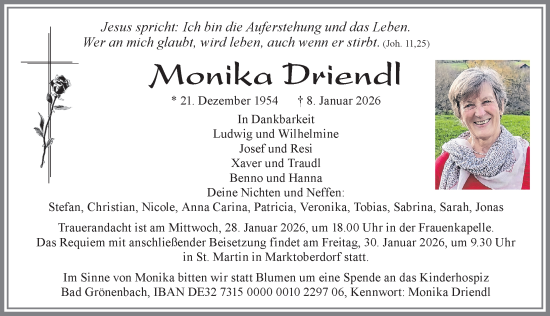 Traueranzeige von Monika Driendl von Allgäuer Zeitung, Marktoberdorf