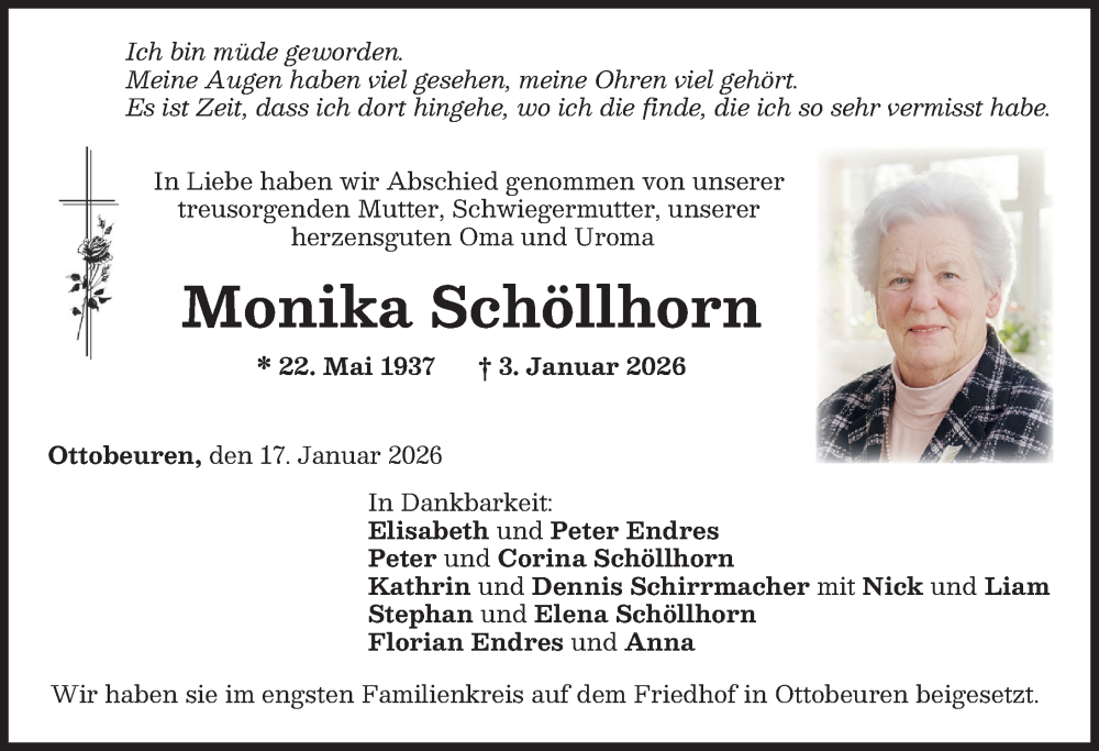  Traueranzeige für Monika Schöllhorn vom 17.01.2026 aus Memminger Zeitung