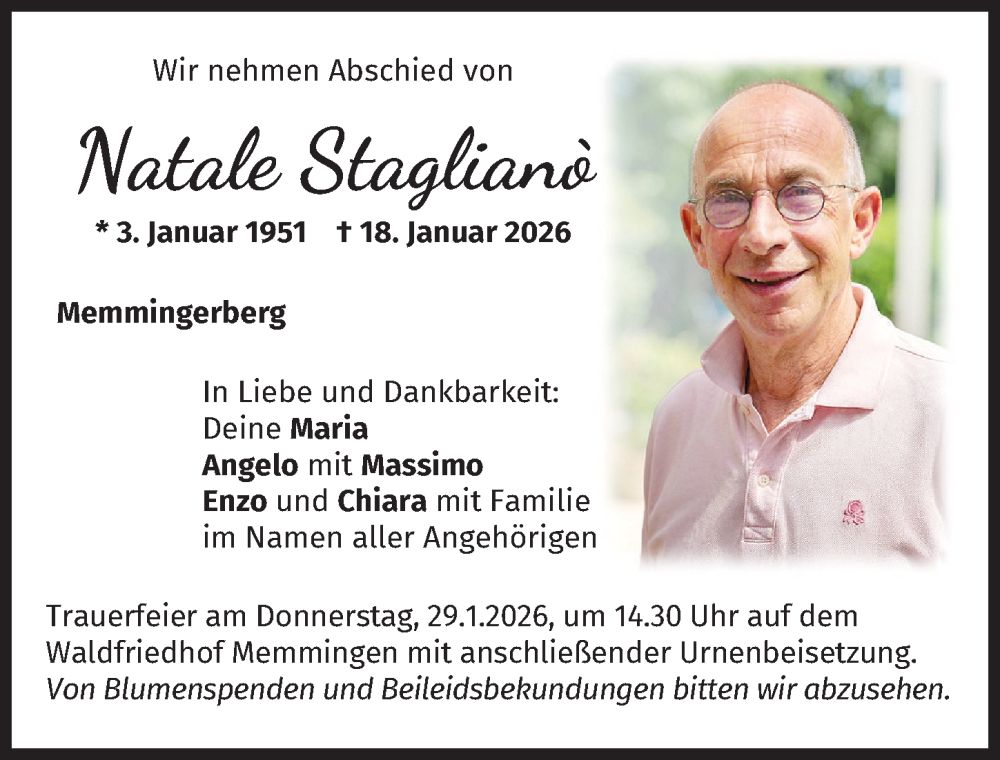  Traueranzeige für Natale Staglianò vom 24.01.2026 aus Memminger Zeitung