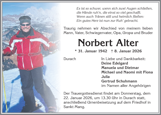 Traueranzeige von Norbert Alter von Allgäuer Zeitung,Kempten