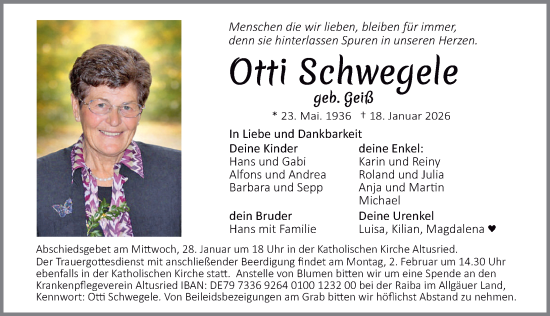 Traueranzeige von Otti Schwegele von Allgäuer Zeitung,Kempten