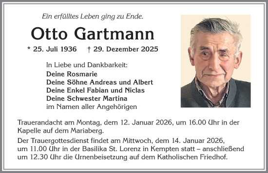 Traueranzeige von Otto Gartmann von Allgäuer Zeitung,Kempten