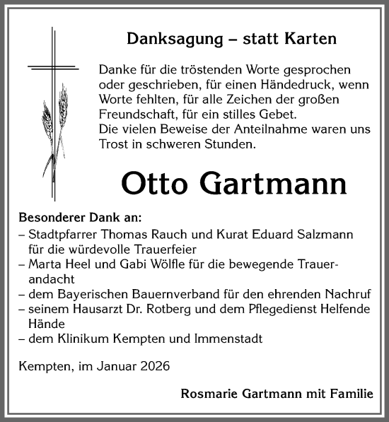 Traueranzeige von Otto Gartmann von Allgäuer Zeitung,Kempten