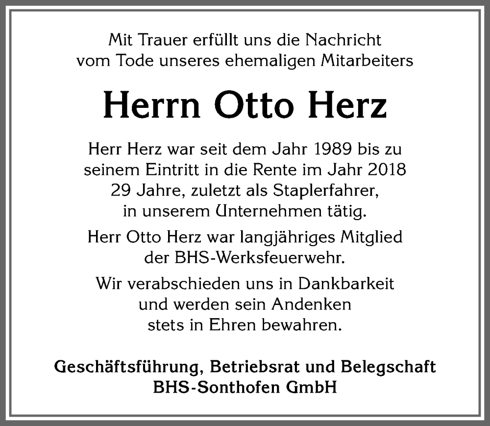  Traueranzeige für Otto Herz vom 10.01.2026 aus Allgäuer Anzeigeblatt
